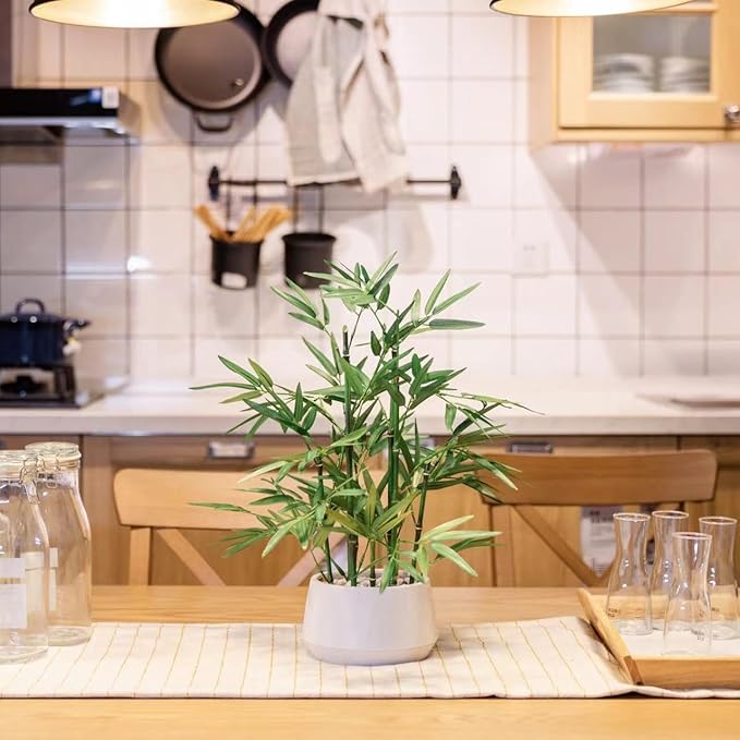 365 Blooming Decor 18 Inch Tall White Potted Faux Bamboo Plant - Luxury Artificial Bamboo in White Pot for Home, Office, Kitchen, Counter Top, Indoor Decor, Money Tree, Lucky Tree