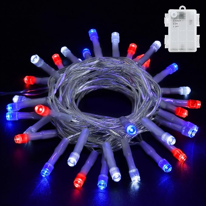 Red White and Blue Lights Battery Operated, 4th of July Lights with Timer Outdoor Waterproof 9.8ft 30 LED for 4th of July Independence Day Decorations Garland Party Garden