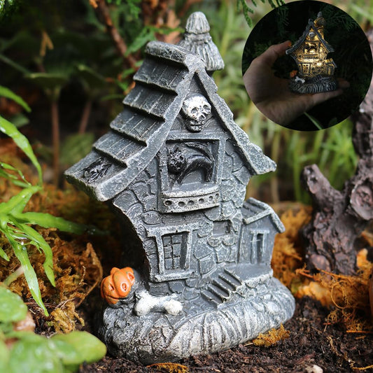 Halloween Miniatures Fairy Garden House Accessories Set Fairy Garden Figurines Mini Town Decor Vintage Retro Statue Ornament Outdoor Decoration (Type B with Light)