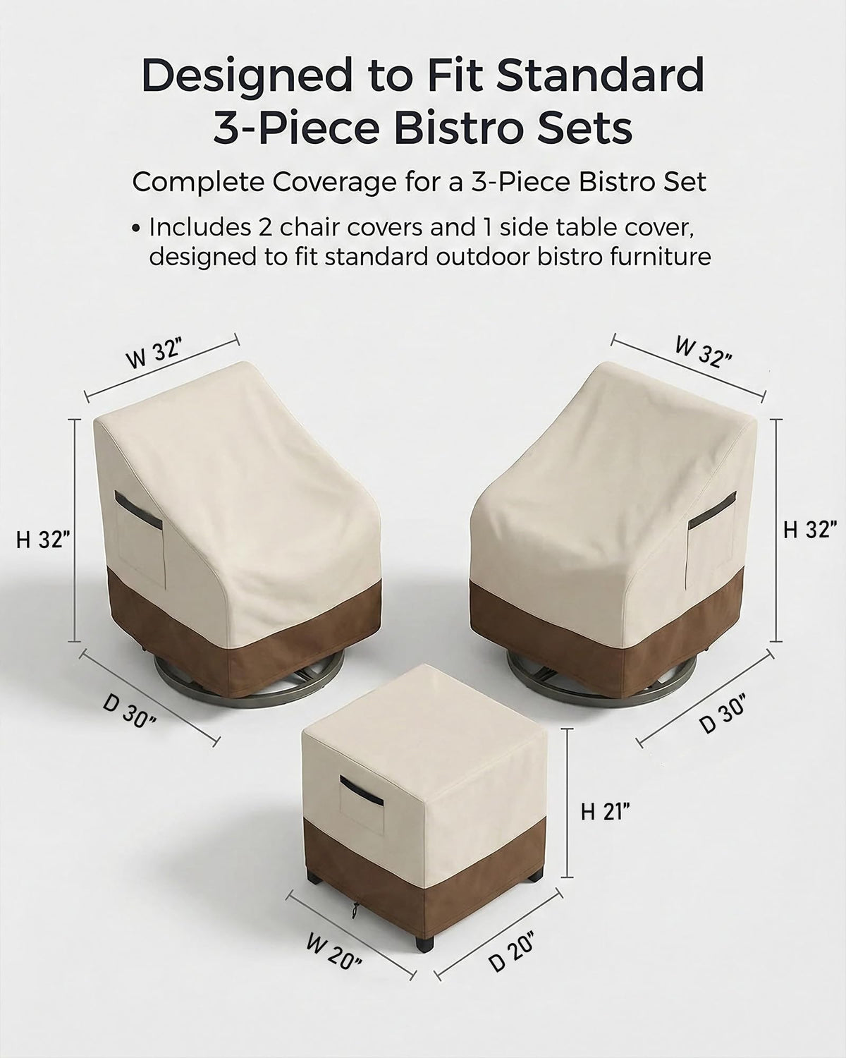 Patio Furniture Covers Set for 3-Piece Bistro Sets, Heavy-Duty 600D Waterproof Outdoor Furniture Covers for 2 Chairs&Side Table,UV Resistant, All-Season Protection for Patio,Porch Backyard,Beige&Brown