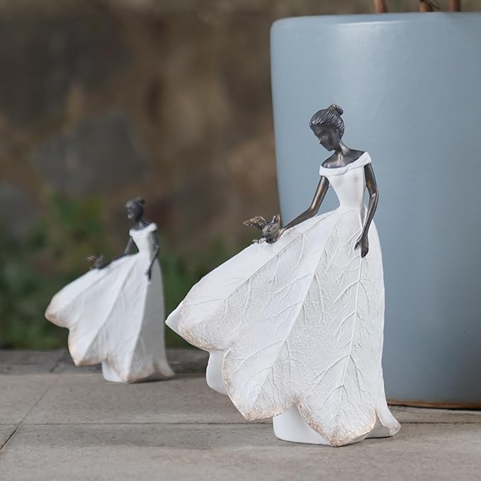 Guichifun Fairy Statue Collection Home Decoration - White Leaf Angel Girls with Bird Resin Home Decor for Outdoor or Indoor Outdoor Yard Decorations Figurines Retirement Gift 8.5 x 5.25 x 12 Inch