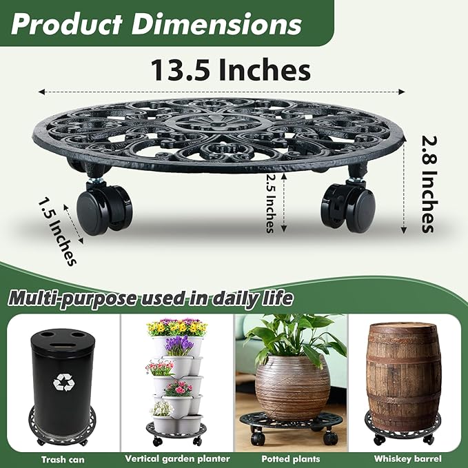 3 Packs 14 Inch Rolling Plant Stand with Wheels Metal Plant Caddy with Wheels Heavy Duty Round Plant Stand Indoor Iron Plants Rollers for Plants, Plant Dolly