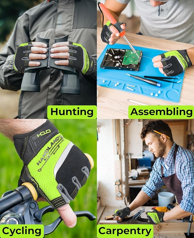 HANDLANDY Fingerless Work Gloves for Men Utility Padded Half Finger Driving Working Gloves (XXL, Green)
