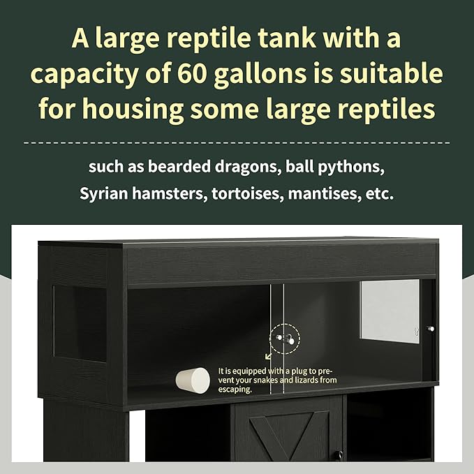 Herture 60 Gallon Reptile Tank with Stand, Terrarium Tank with Storage Cabinet, for Lizards, Skinks, Snakes, Sliding Acrylic Doors, Mesh Top, Built-in Power Outlet Black PX02RTB