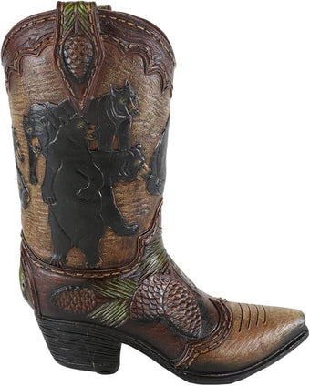 Ebros Gift Rustic Western Black Bear Family with Pine Cones Forest Cowboy Cowgirl Boot Decorative Figurine Or Floral Vase Planter Tooled Leather Finish Table Shelf Countertop Accent