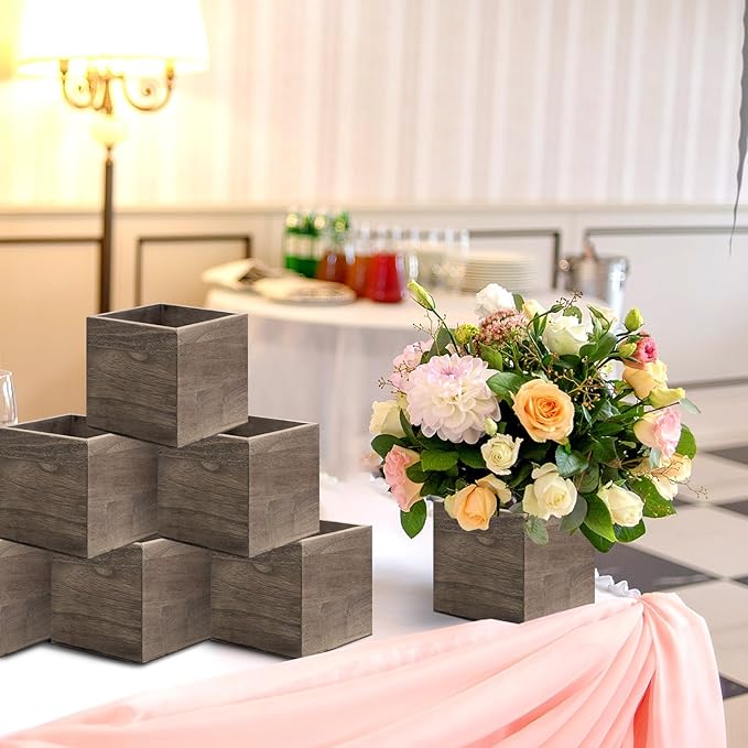 Suzile 12 Set 5 Inch Wooden Planter Box Flower Square vases for Centerpiece Rustic Cube Planter Box with Removable Foam Blocks Liner Square Vase Craft for Garden Home (Brown)