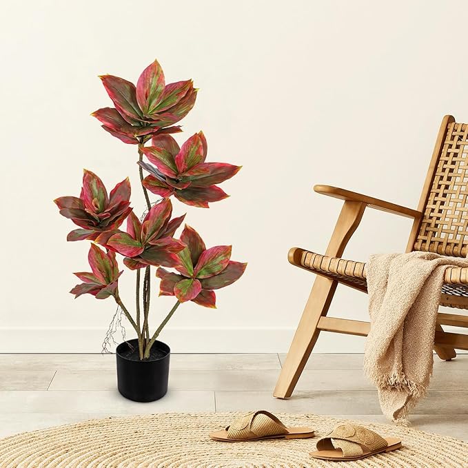 Artificial Tree 2.95Ft Faux Agave Plant Fake Tropical Yucca Palm Tree with 6 Heads in Pot Fake Dracaena Plants Tree for Home Decor Modern Office House Decoration Housewarming Gift Pink