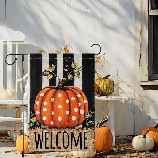 Welcome Fall Garden Flag Polka Dots Pumpkin Thanksgiving Garden Flags For Outside Burlap Decor, Double Sided Vertical Autumn Decor Patio Lawn Yard Outdoor Decoration 12x18 Inch