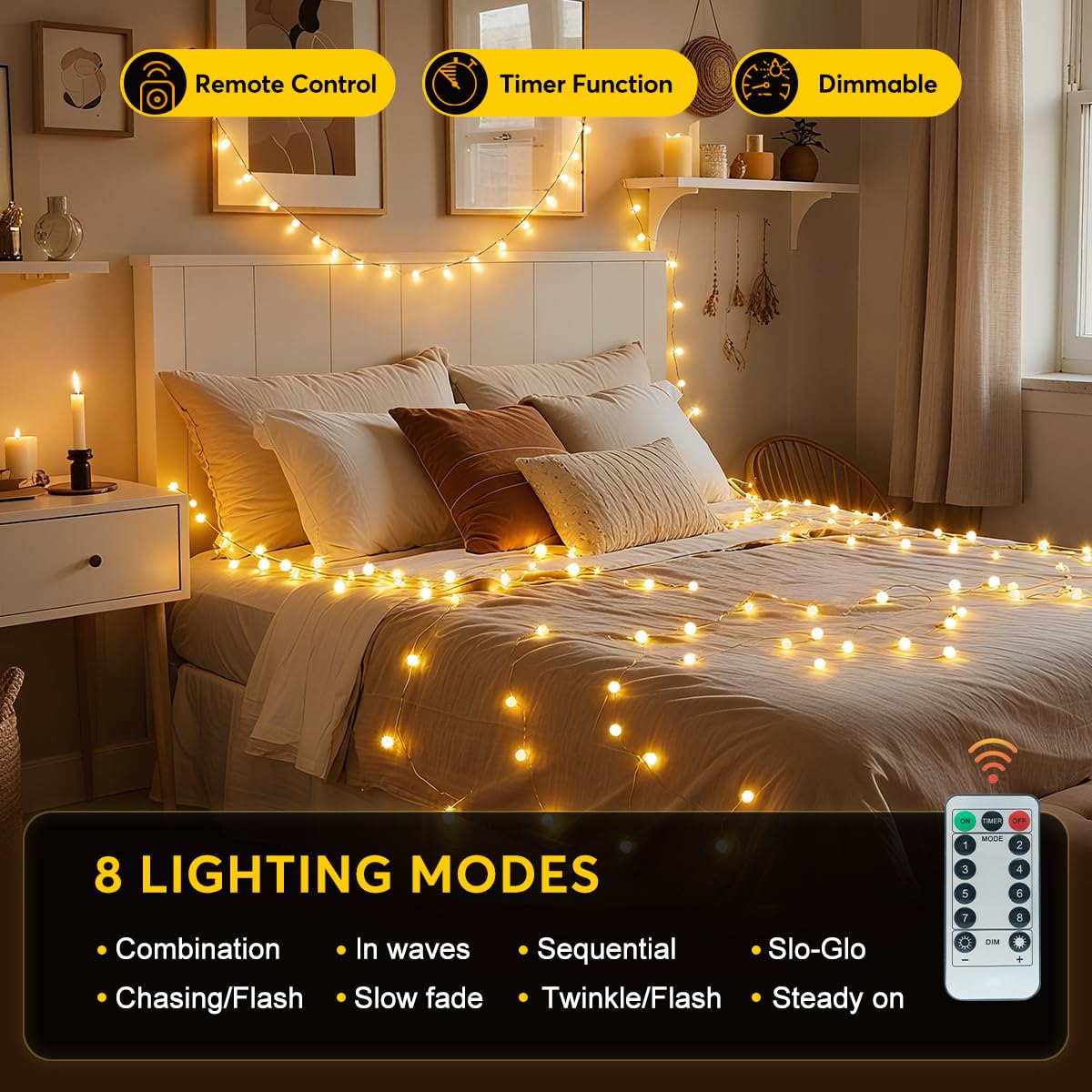 RaThun 65.6ft Globe String Lights with Remote for Indoor Bedroom Warm White