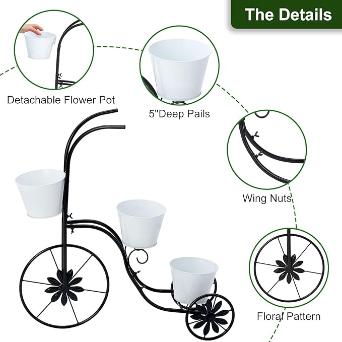 BAYN Bicycle Planter Stand, Metal Flower Pot Cart Holder Tricycle Planter with 3 Plant Bucket Outdoor Decorative for Patio, Deck, Garden or Lawn