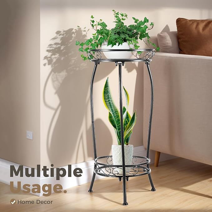 Kavlium Plant Stand Indoor Outdoor，Tall Black Metal Rustproof Stable Plant Stands，2 Tier 27.1 inch Multiple Plant Rack Holder Rack Flower Pot Stand Heavy Duty Plant Shelf