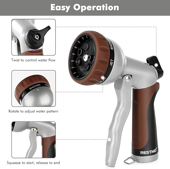 RESTMO Garden Hose Nozzle, Heavy Duty Metal Water Hose Nozzle with 7 Adjustable Spray Patterns, High Pressure Hand Sprayer with Flow Control, Best for Watering Plant & Lawn, Washing Car & Pet, Brown