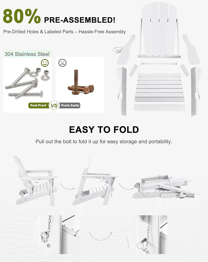 Folding Adirondack Chairs Set 2- Plastic Adirondack Chairs with Cup Holder, Weather Resistant for Outdoor, Patio, Lawn, Garden, Backyard Deck, Fire Pit - White