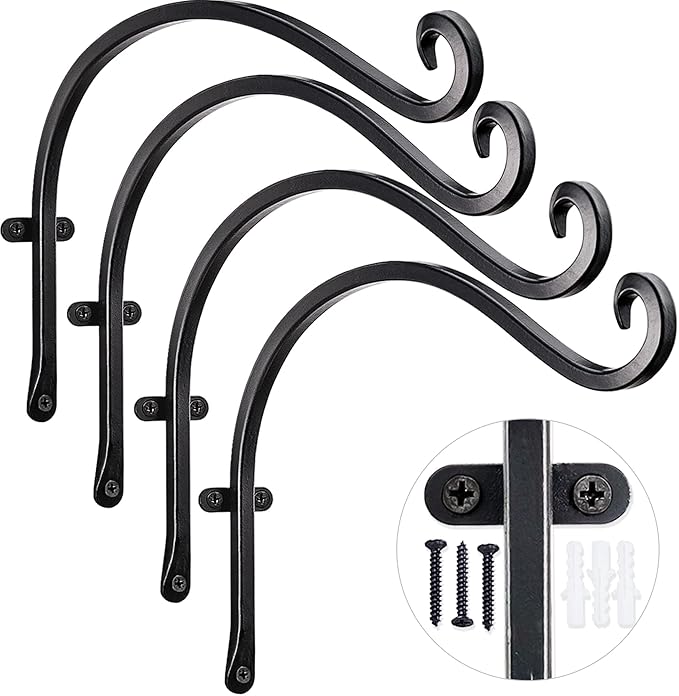 AJART Hanging Plant Hanger Outdoor: 12-Inch Metal Bird Feeder Wall Hooks - 4 Pieces Black Plant Bracket Hook for Hanging Flower Baskets