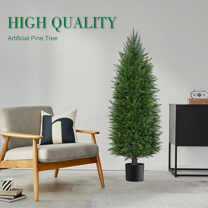AOKIIE 4FT Artificial Topiary Cedar Plants Outdoor, Faux Pine Trees UV Resistant and Potted, 48 Inch Tall Fake Shrubs Evergreen for Front Porch Decor Set of 2