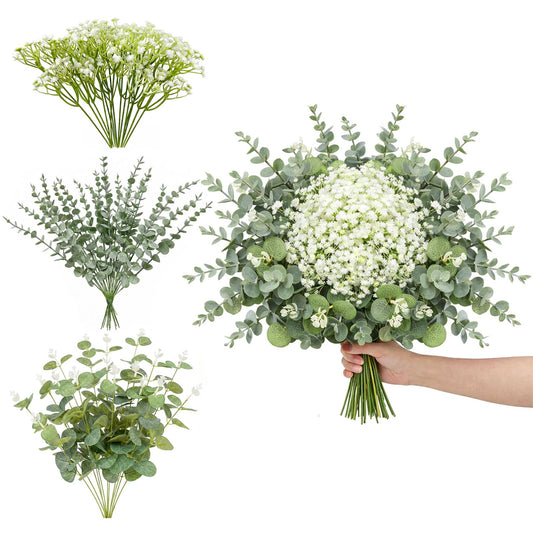 Bribay Babys Breath Flowers, White Eucalyptus Stems, 100Pack, Artificial