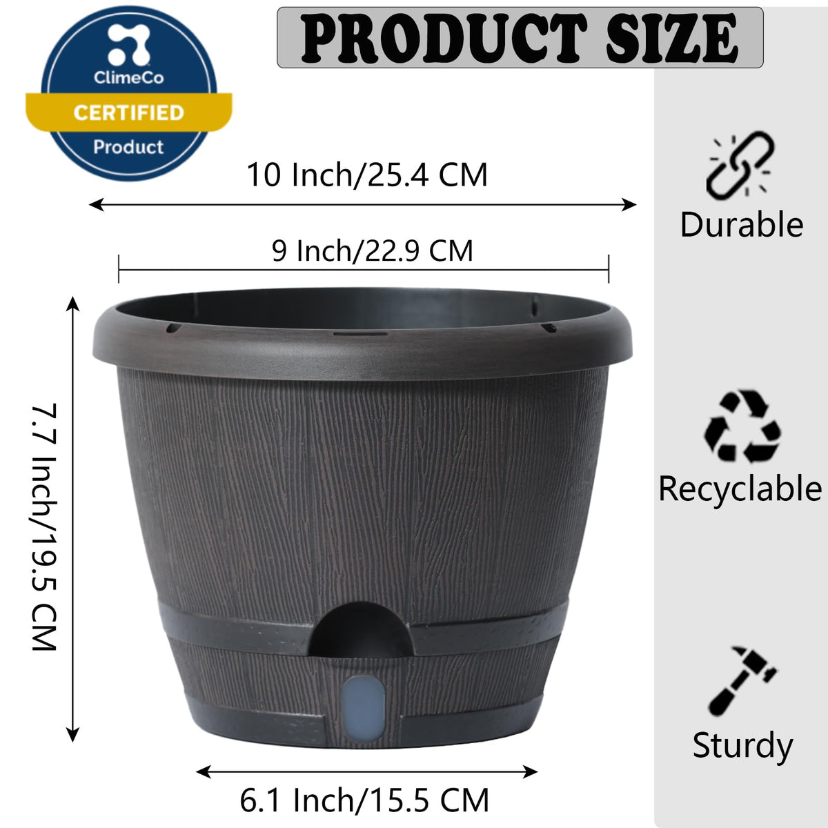 Sun-E 10 Inch Whiskey Barrel Self Watering Planters, Wood Look, 3-Pack