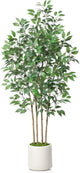 SOGUYI Ficus Artificial Tree 6ft Fake Silk Plant for Home Decor Indoor, Faux Floor Tree in White Imitation Ceramic Planter with Green Fake Moss for Home Office Corner Indoor Decor, Set of 1