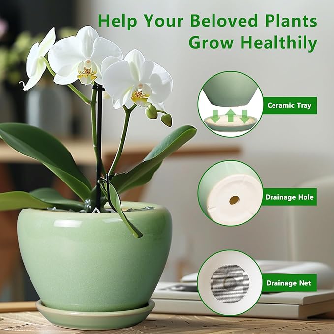 Ceramic Planter Pot - 10 Inch Plant Pot for Indoor Plants Decorative Planter with Drainage Hole and Saucer Large Pot for Plants Outdoor Round Flower Pot for Garden Green