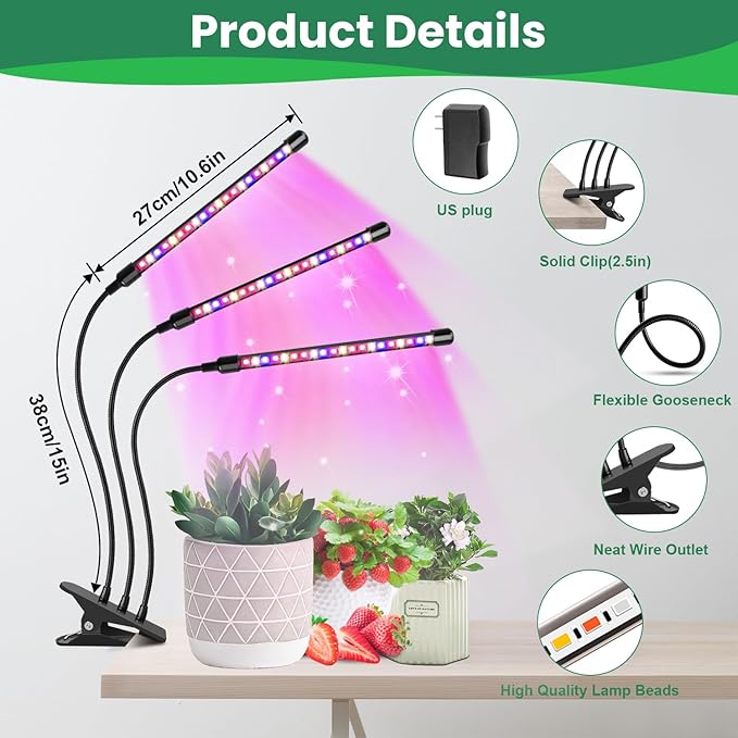 Garpsen Led Grow Light, 2PCS 3 Heads Full Spectrum Clip Plant Light for Indoor Plants, 120 LEDs Grow Lights, with 3 Switch Modes & Auto ON/Off 6/12/16H Timer, 5 Dimmable Levels (Red Blue Warm White)