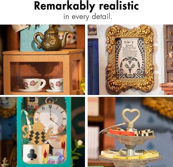 Rolife DIY Miniature House Kit Alice's Tea Store, Tiny House Kit for Adults to Build, Mini House Making Kit with Furniture, Halloween/Christmas Decorations/Gifts for Family Friends (Alice's Tea Store)