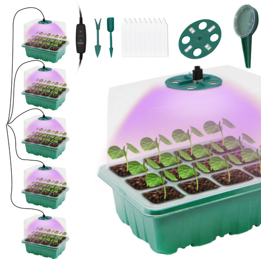 MYMULIKE 5 Packs Seed Starter Tray with Grow Light, Plant Starter Tray Seedling Starter Kit with Humidity Domes Base Indoor Greenhouse Mini Propagator Station for Seeds Growing Starting