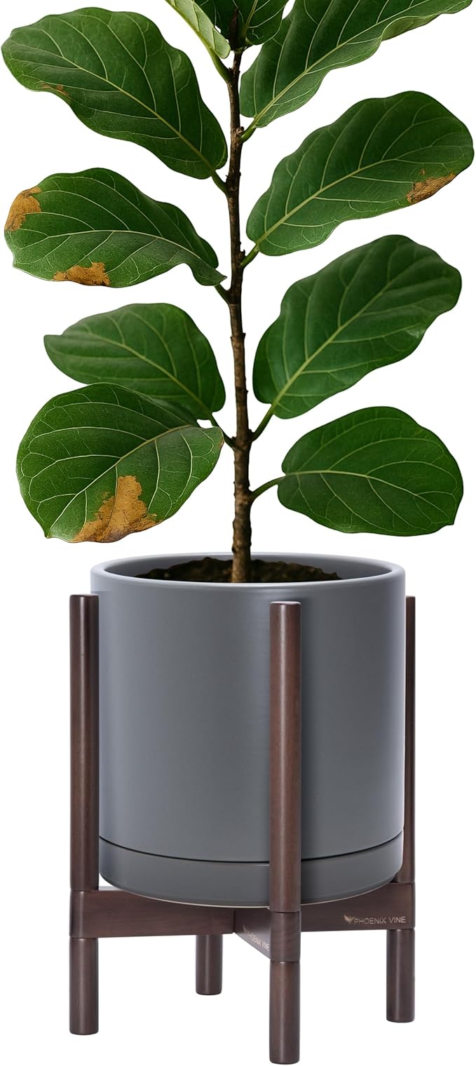 D'vine Dev Ceramic Planter with Walnut Color Stand - 12 Inch Modern Round Flower Pot with Wood Planter Holder, Grey, 55-B-W-3
