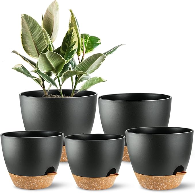 Self Watering Plants Pot with Drainage Hole, Flower Plants Pots for Indoor & Outdoor, Black Plastic Self Watering Planters Succulent Pot 5pcs/Set
