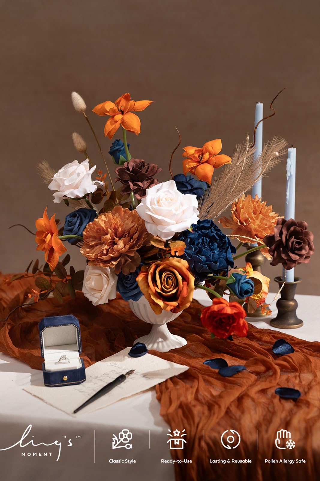 Ling's moment Fake Flowers Box, Faux Artificial Greenery Stems Foam Roses Gardenia Peony Silk Eucalyptus Pampas Fabic Flower for Centerpieces Bouquet Wedding Vase, Orange & Navy, Deluxe Combo