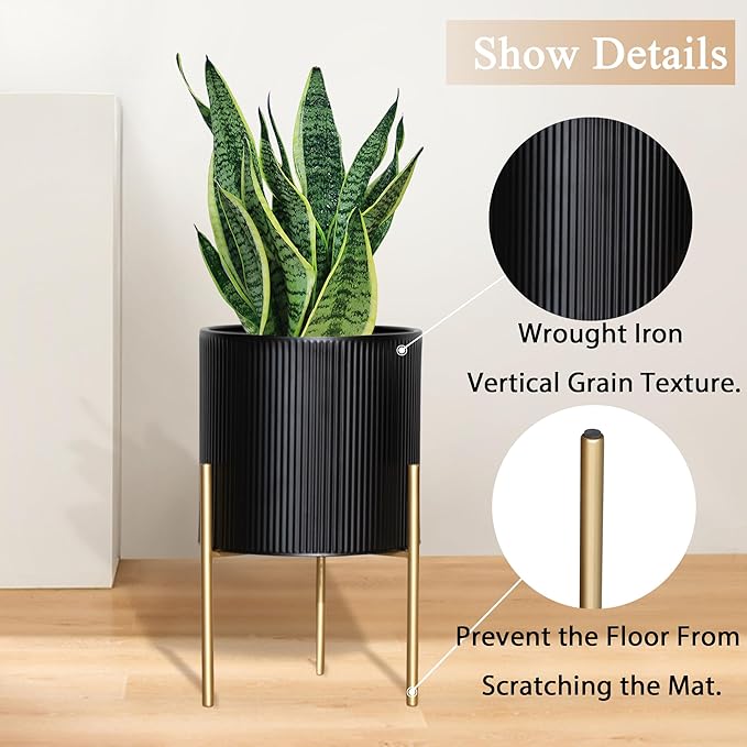 ARNIS Modern Planter Pots, Set of 2 Round Large Planters with Stand, Decorative Planters, Metal Pots with Drainage Holes for Living Room, Office, Garden or Balcony, 8.25 &10.5 Inch, Black & Gold