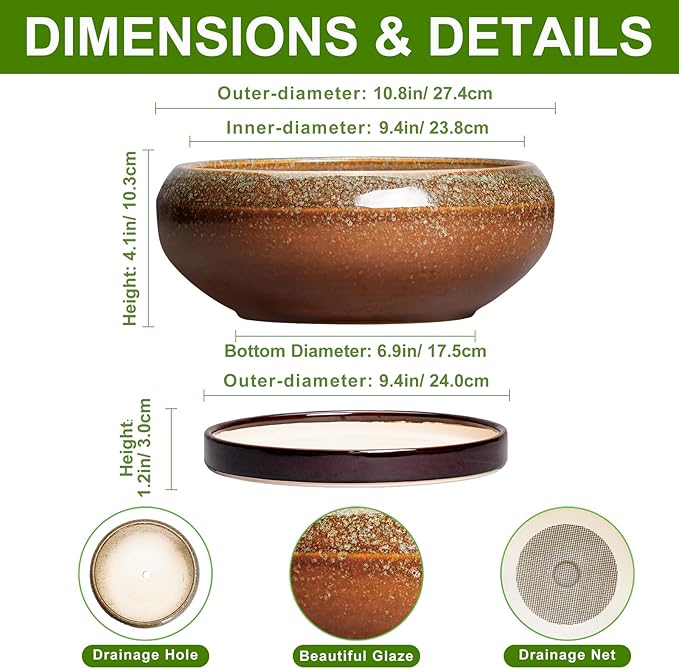 EPFamily Bonsai Pots - 10 Inch Ceramic Succulent Pots with Drainage Hole and Saucer, Bonsai Planter for Indoor Outdoor, Large Shallow Planter Bowl, Office Decor, Gifts for Plant Lovers, Retro Brown