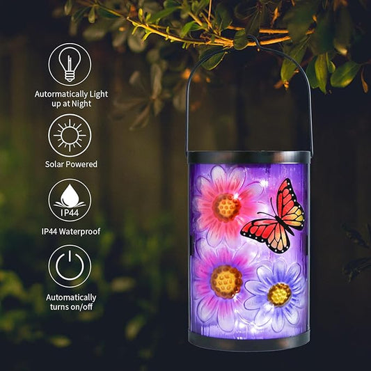 Afirst Hanging Solar Lantern Outdoor Butterfly Glass Lights Waterproof LED Lamp for Garden Yard Tree Desk Decor