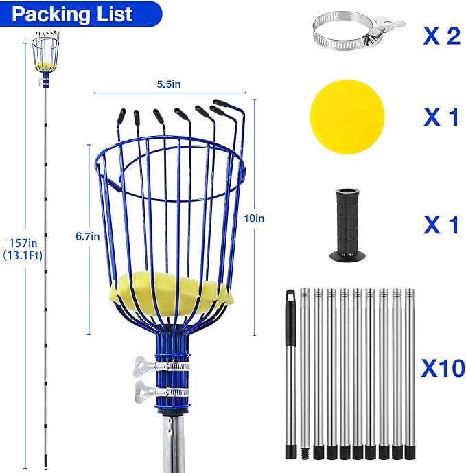 Fruit Picker Tool with Basket & Foam Pad, 35-157 Inch Adjustable Stainless Steel Picking Pole - for Harvesting Lemon Avocado Apple Mango Pear Orange & Tall Tree Fruits
