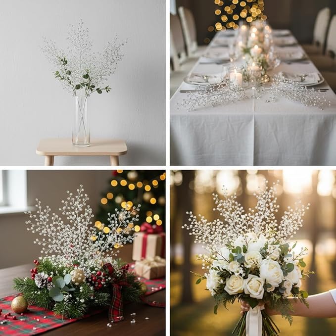 White Crystal Picks Sparkling Glitter Berry Stem Ornaments Festive Christmas Tree Crystal Decorations Vase Fillers Holiday & Wedding Party Decor(K112-silver,1pcs)