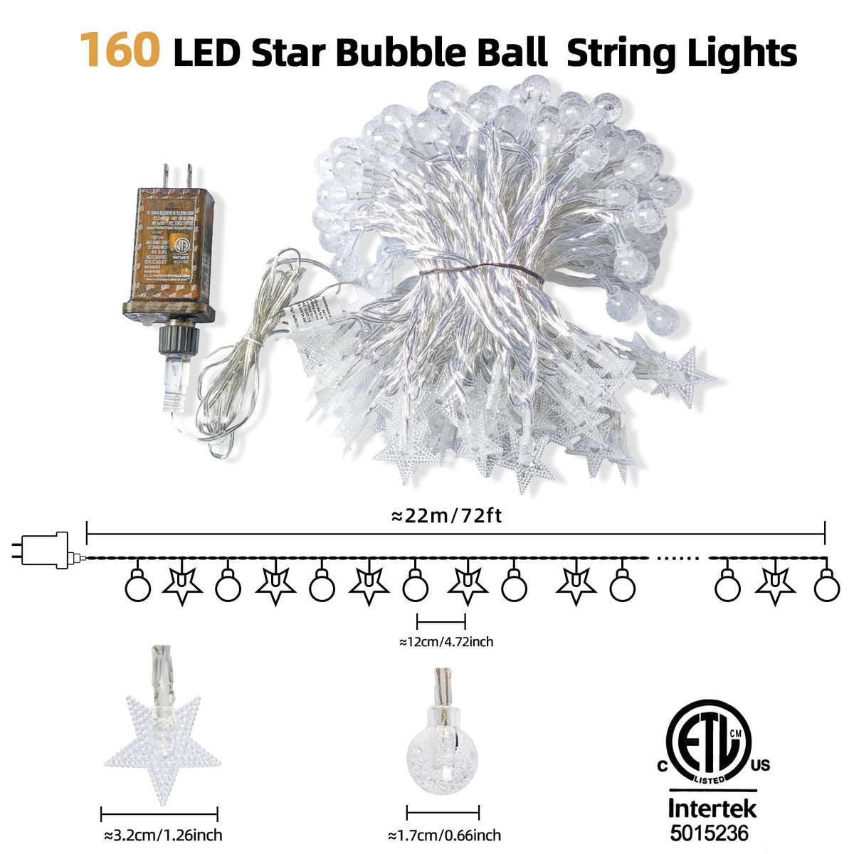 Crystal Globe & Star String Lights Plug in - 72 FT 160 LED Star Fairy String Lights with Remote Control Timer Waterproof Indoor Outdoor Hanging Globe Lights for Bedroom Wedding Party Patio Warm White
