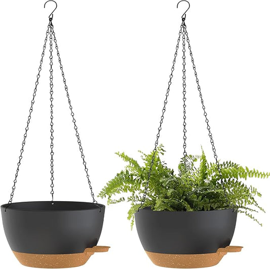 SQKH 10 Inch Hanging Baskets 2 PC with Chains, Self-Watering Hanging Planters for Indoor Outdoor Plants, Plastic Hanging Flower Pots,Black Brown