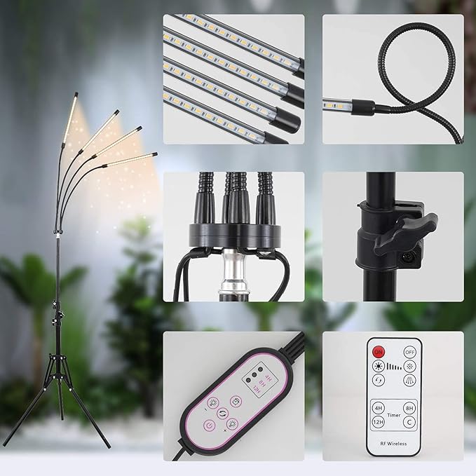 LED Plant Grow Light with Stand, LED Grow Light Full Spectrum for Indoor Plants,10 Dimmable Levels,3 Modes Timing,Tripod Adjustable 15-72 inch.