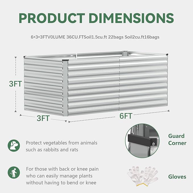 FOOWIN 2pcs 6x3x3ft Galvanized Raised Garden Bed, Planter Raised Garden Boxes Outdoor, Large Metal Raised Beds for Gardening, Garden Bed for Vegetables, Flowers, Herb, Silver