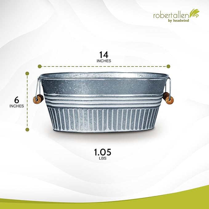 Headwind Vintage Collection 14-Inch White Wash Oval Galvanized Tub with Handles – Metal Wash Basin Planter - Galvanized Metal Tub for Indoor & Outdoor Use by Robert Allen