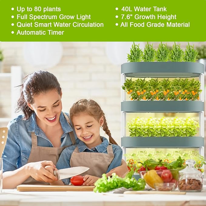 Lyfreen 5-Tier Smart Hydroponics Growing System Kit with LED Grow Light, Hydroponic Tower for 80 Plants, Self-Watering Indoor Herb Garden for Herbs Vegetables Salad Greens, 40L Water Tank