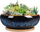 SQOWL 7 Inch Round Ceramic Succulent Planter Pot Drip Glazed Shallow Planter with Drainage Bamboo Tray for Indoor Plants