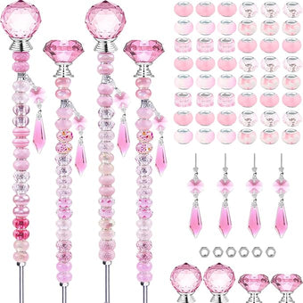 121 Pcs DIY Fairy Wand Beaded Garden Stakes Kit, Fairy Wands Garden Kit Pink Large Hole Bead with Sparkling Pendants Crystal Stopper Top Threaded Rod Beaded Garden Stakes Supplies Outdoor Decorative