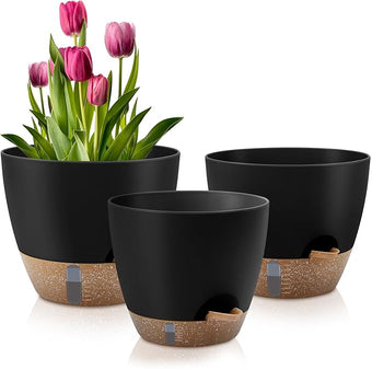 Self-Watering Plant Pots with Water Level Indicator, Drainage Holes & Saucers – 12/10/9 Inch Large Plastic Planter Set for Indoor & Outdoor Plants(Black)