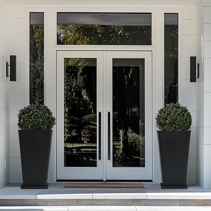 LA JOLIE MUSE 26 inch Tall Black Planters for Outdoor Plants,Set of 2 Tapered Planters with Trays,V-Shape Rectangular Garden Planters for Front Door, Patio and Deck