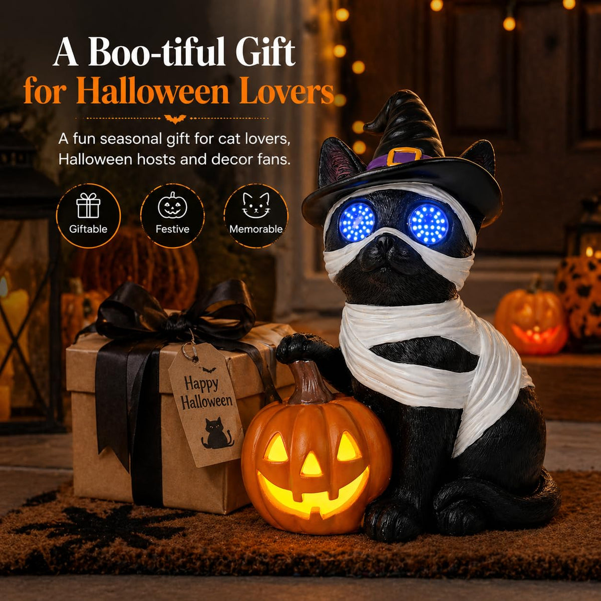 Dawbun Halloween Cat Decorations Outdoor Solar Lights Black Cat Decor for Garden Porch Yard Patio Entryway Animal for Cat Lovers Mummy Cat with Pumpkin LED Eyes Resin Statue 11.1 in