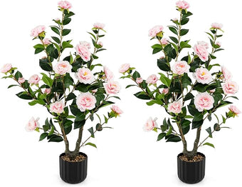 Goplus 38’’ Artificial Camellia Tree, 2 Pack Flower Plants Artificial Tree, Faux Floral Plant Blooming Tree in Cement Pot, Greenery Potted Plant for Indoor Outdoor Office Home Porch Decor