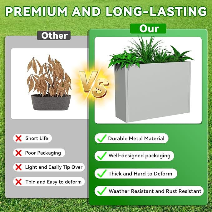 NUWJBYE Tall Metal Planter Box, 30" L x 10" W x 24" H Large Outdoor Planters with Drainage & Adjustable Shelf, Heavy Duty Steel Rectangular Planter for Patio, Balcony, Indoor(Gray)