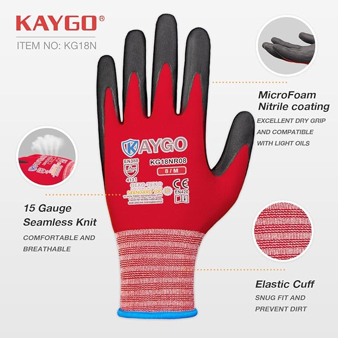 KAYGO Safety Work Gloves MicroFoam Nitrile Coated-3 Pairs, KG18NB,Seamless Knit Nylon Glove with Black Micro-Foam Nitrile Grip,Ideal for General Purpose,Automotive,Home Improvement,Red small