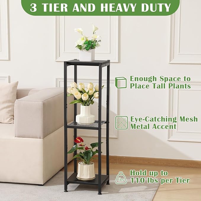 Dipion Extra Tall Plant Stand Indoor,40 Inch Plant Stands,3 Tier Metal Plant Stand with Heavy Duty Wood and Metal Mesh Shelf,Black