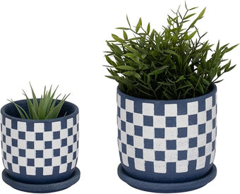 Ceramic Planters Set – Planters with Drainage for Healthy Roots, Indoor Planter and Patio Decor Placement, Checkered Design Accent for Modern Outdoor Home Decor – 6" and 5", Blue and White
